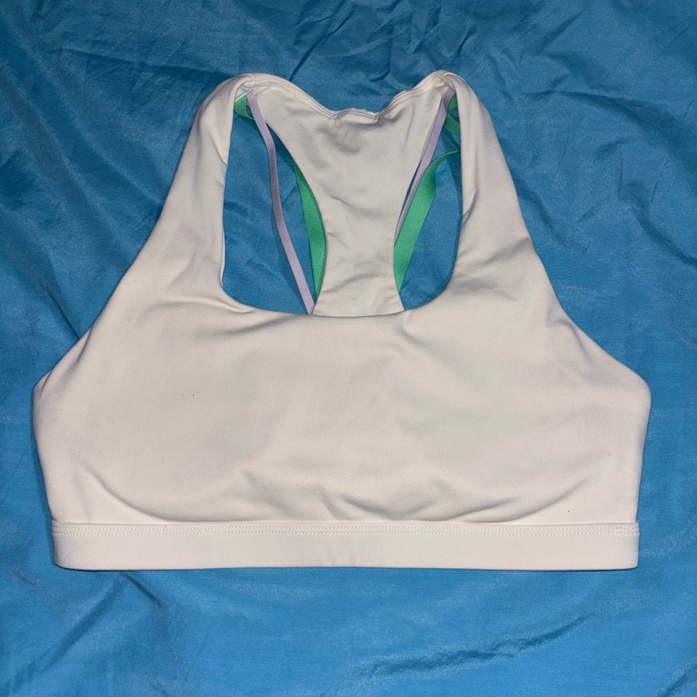 Fabletics White Sports Bra with Multicolor Highlighted Straps